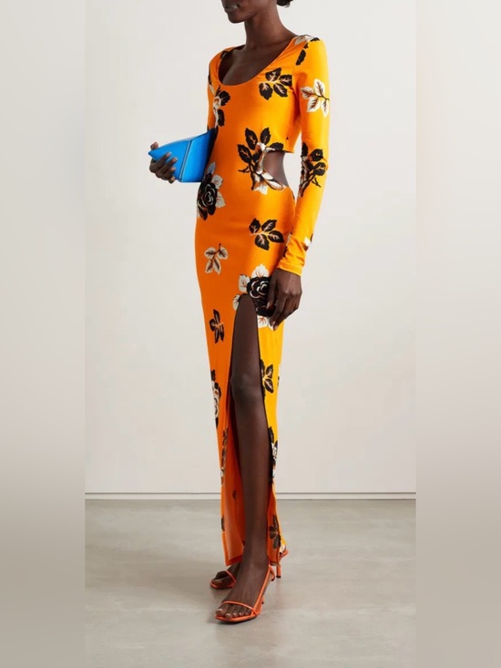 Les Rêveries Dresses & Skirts - Bold Orange Floral Maxi Dress with Side Cutout and High Slit